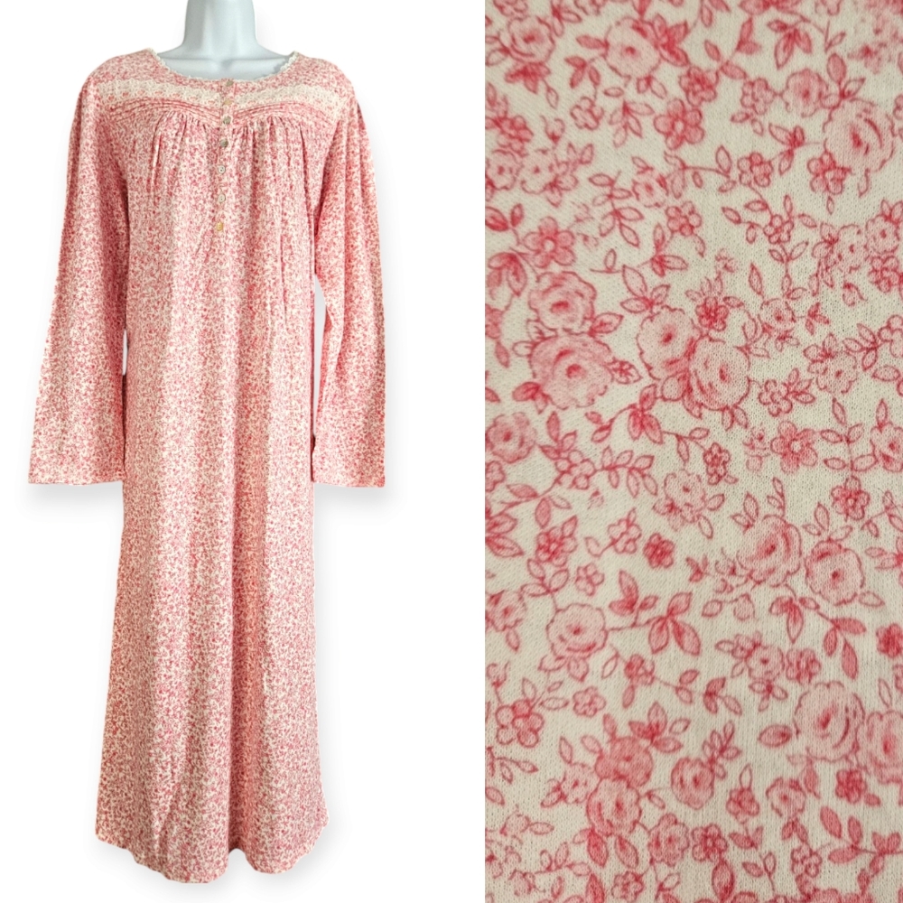 Eileen West pink white floral long sleeve nightgown Womens